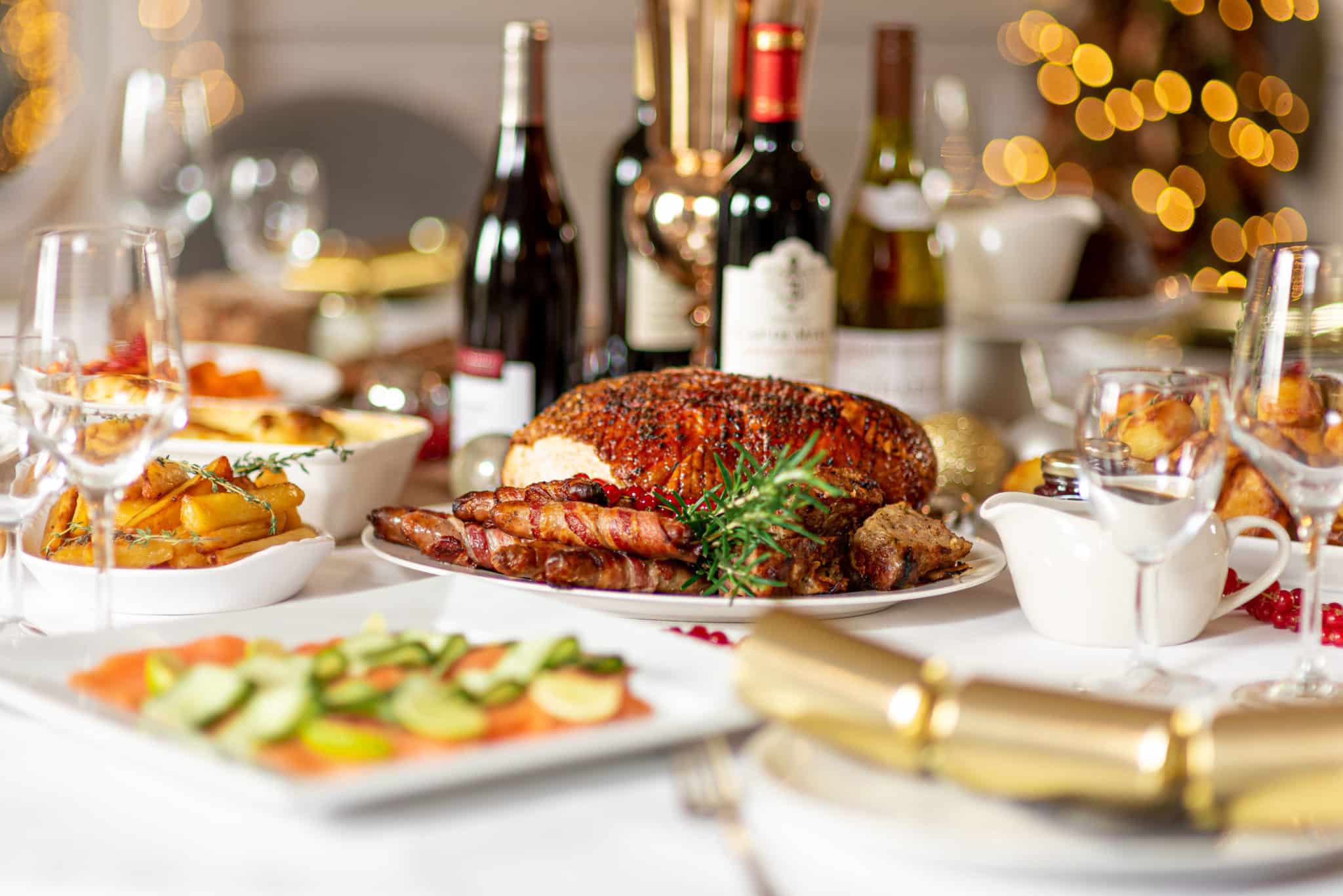 Christmas Day Lunch with turkey, potatoes and wine.