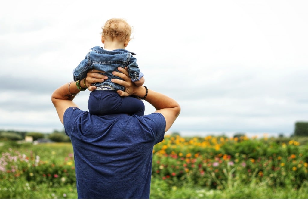 Man holding baby on his shoulders and looking at a field with colourful flowers
