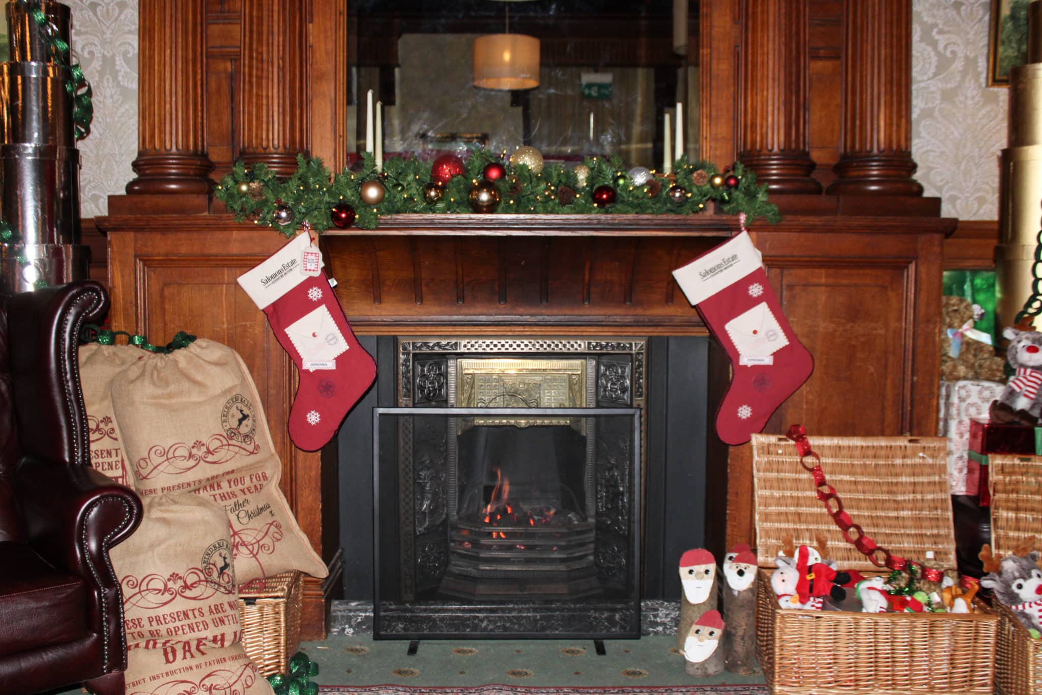 Chimney decorated with Christmas decorations