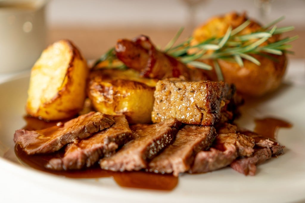 Meat and potatoes served at Sunday lunch