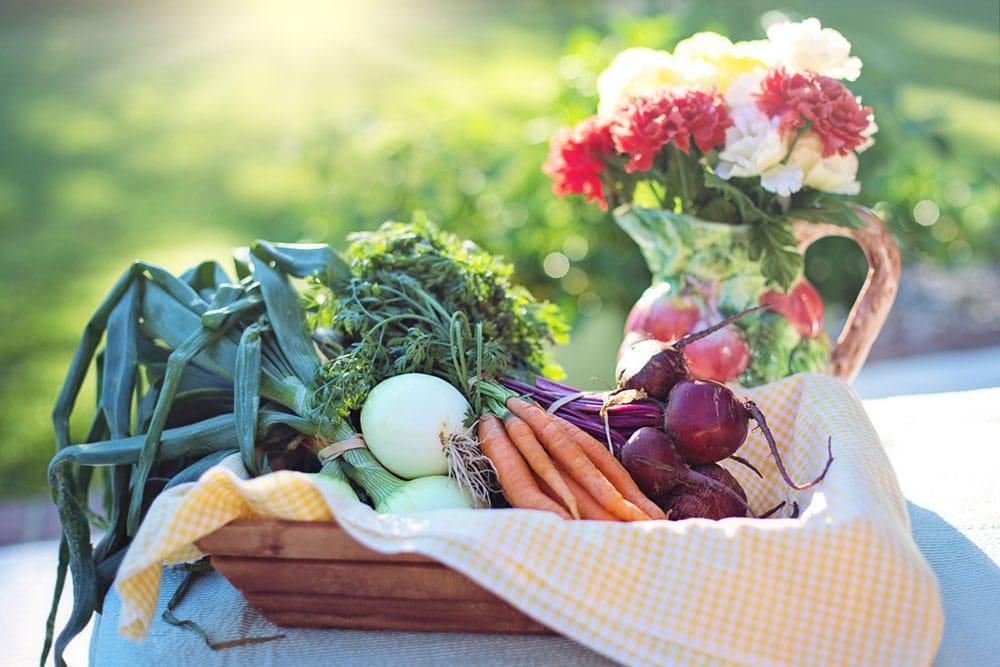 Onions, carrots and beetroots in a basket