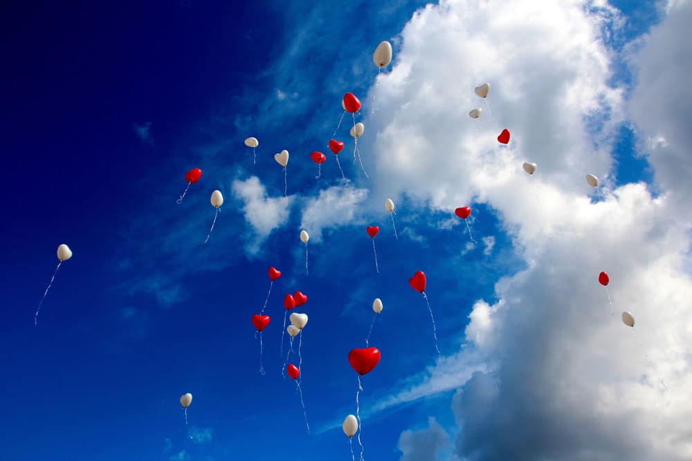 Red and white heart shaped balloons flying up the sky