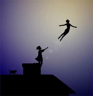 Shadow drawing of kid flying with a girl standing on a chimney and a cat walking on the roof