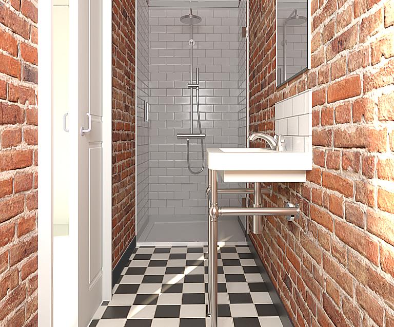 Sink and Shower with black and white floor