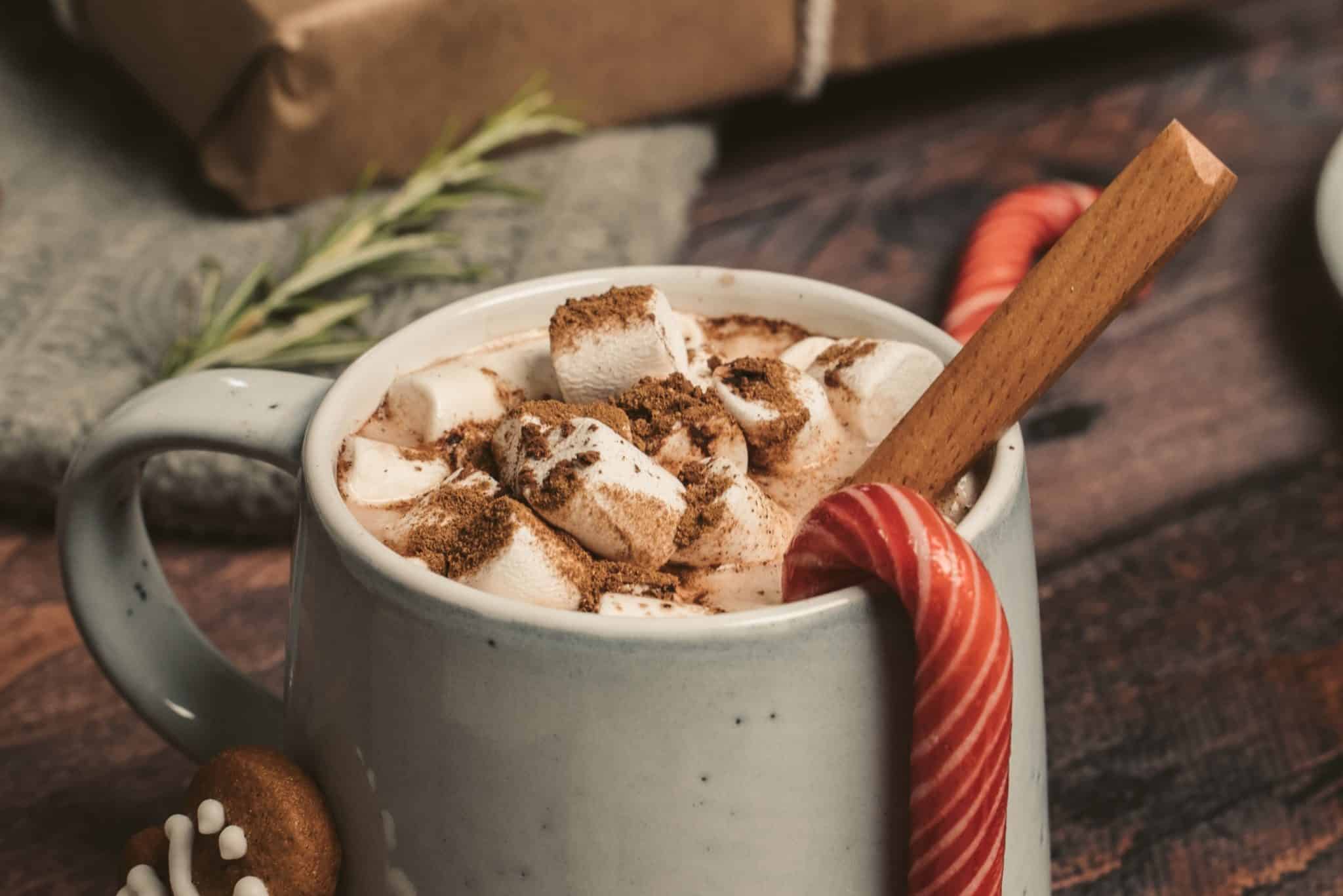 hot chocolate with marshmallows and a candy cane