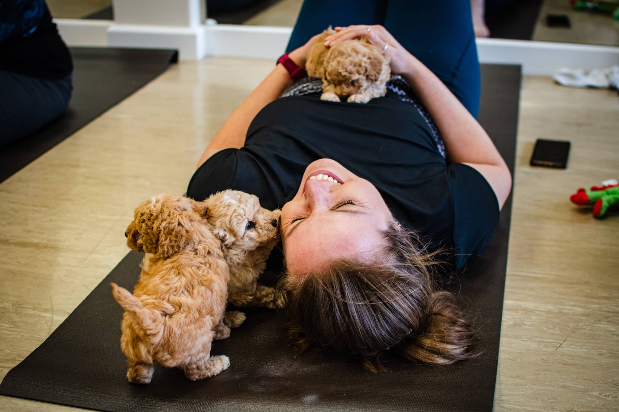 Woman doing puppy yoga with 3 puppies