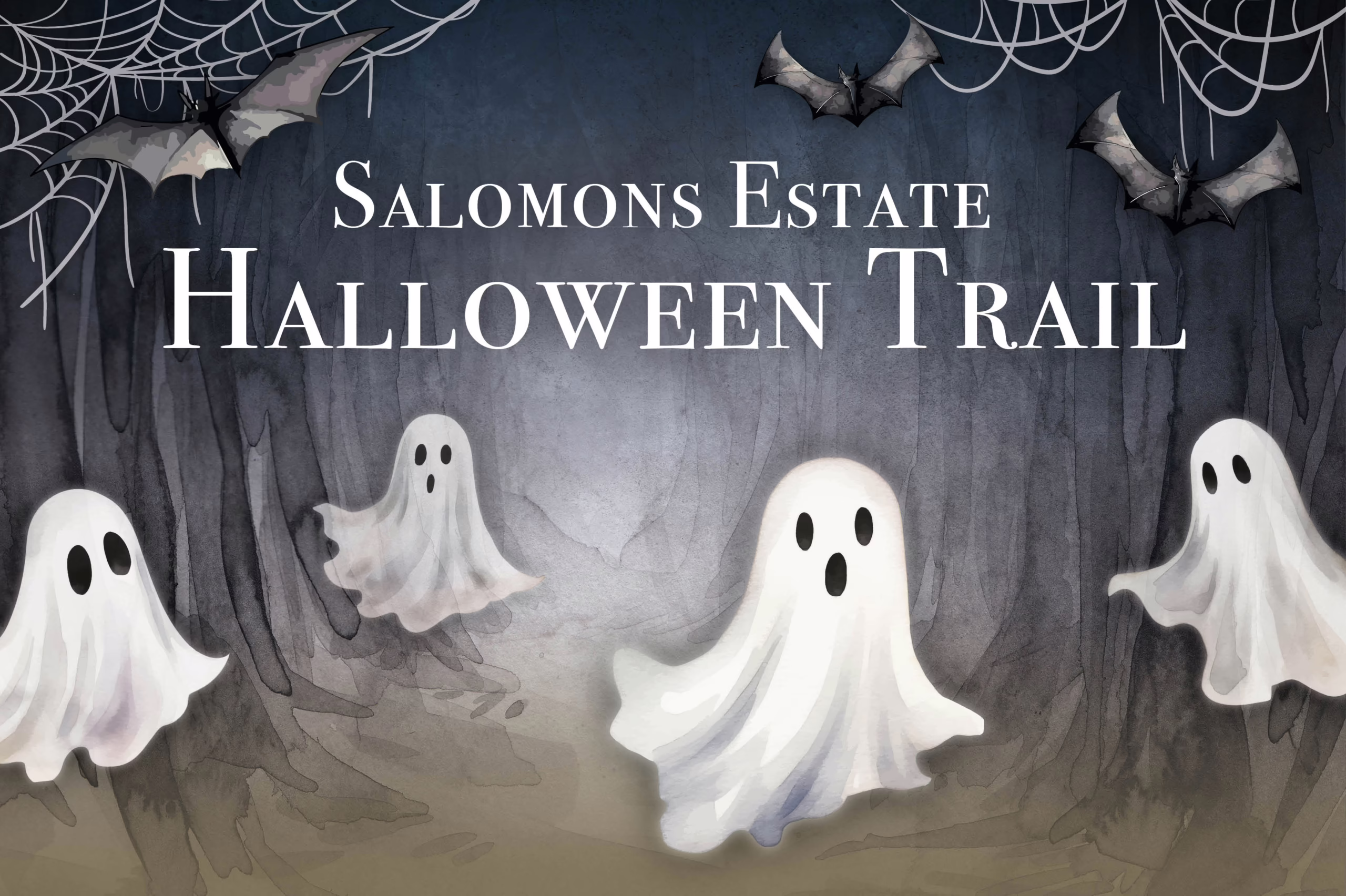 Salomons Estate Halloween Trail poster featuring cute cartoon ghosts, spooky bats, cobwebs, and a dark woodland background — perfect October half-term family activity and Halloween event in Tunbridge Wells